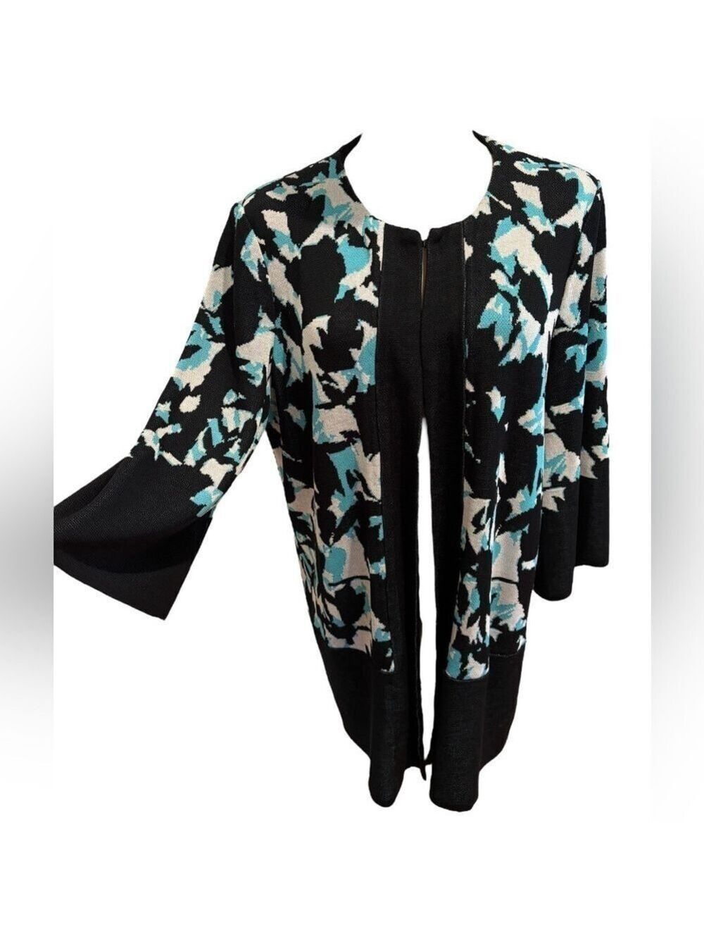 90s MISSOK LONG OVERSIZED CARDIGAN FLORAL PRINT W 3/4 BELL SLEEVES L